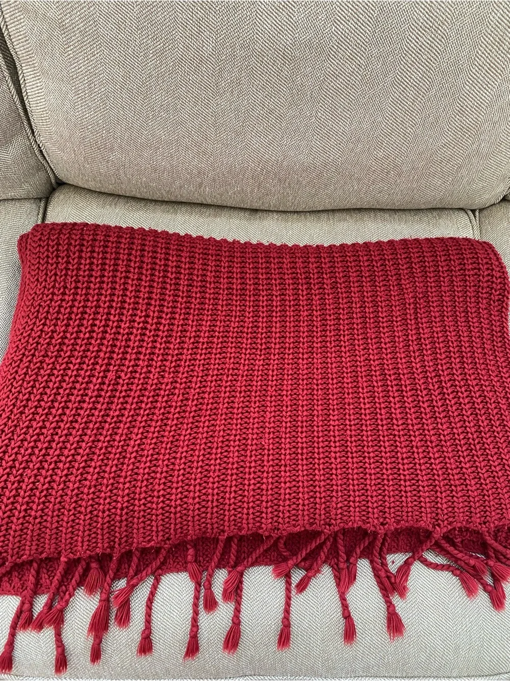 Pottery Barn Red Waffle Knit Throw Blanket with Fringe 50”x60”